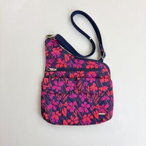 TRAVELON Anti-Theft Crossbody Bag Quilted Painted Floral Navy Orange Pink